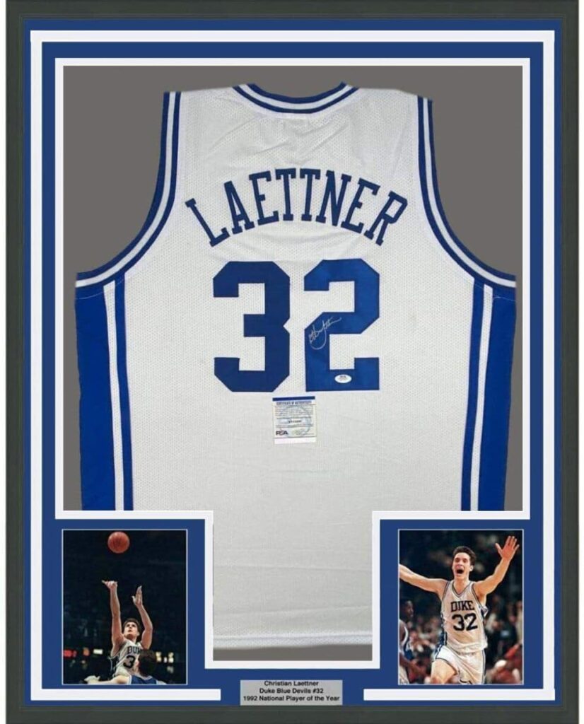 Framed Autographed/Signed Christian Laettner 33×42 Duke White College Basketball Jersey PSA/DNA COA