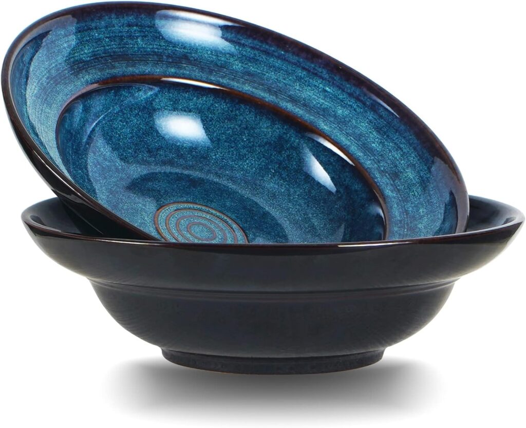 Ceramic Pasta Salad bowl, 10″ Wide Rim Soup Bowls, 48oz Deep Porcelain Pasta Plate,Set of 2,Large Serving Bowls for Kitchen,Microwave Safe(Starry Blue)
