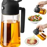 Olive Oil Sprayer for Cooking, 470ml 2 In 1 Glass Oil Dispenser/Pour Bottle, Kitchen Accessories, Kitchen Gadgets for Air Fryer, Salad, BBQ (Black)