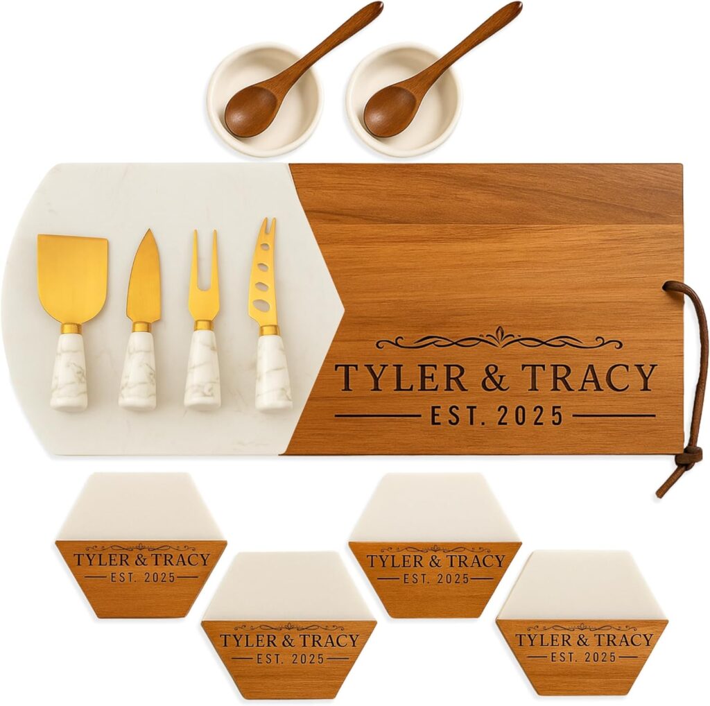 Personalized Charcuterie Board Gift Set – Acacia & Marble Cheese Board with Utensils, Custom Wedding & Housewarming Gifts for Couples, Christmas, Bridal Shower or Engagement Gift for Women & Men