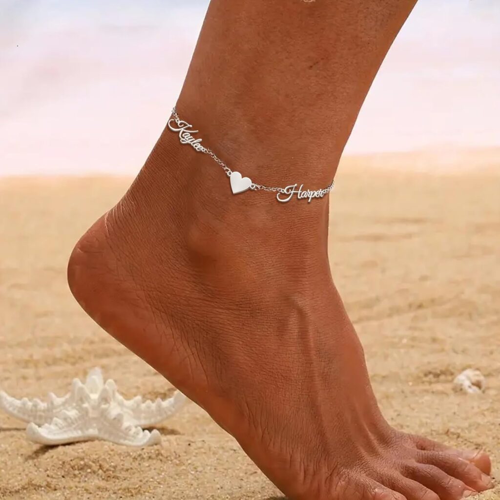 Dainty Ankle Bracelets for Women Custom 18K Gold Plated Anklet with Multiple Kids Name Personalized Adjustable Waterproof Beach Anklets for Her