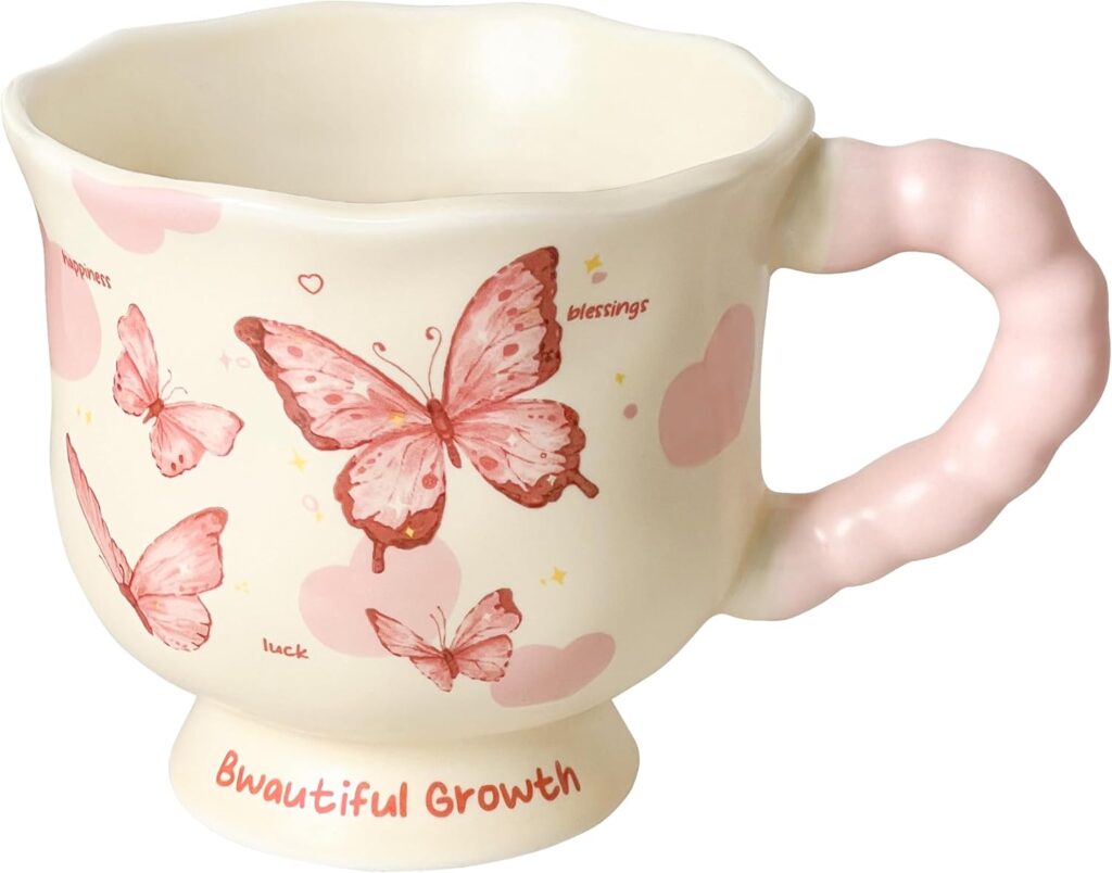 Pink Ceramic Coffee Mug 13oz Cute Butterfly Tea Cup with Big Handle – Girly Porcelain Mug for Latte Cappuccino Milk Cocoa – Kawaii Birthday Valentine Gifts for Women Girl Friends