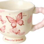 Pink Ceramic Coffee Mug 13oz Cute Butterfly Tea Cup with Big Handle – Girly Porcelain Mug for Latte Cappuccino Milk Cocoa – Kawaii Birthday Valentine Gifts for Women Girl Friends