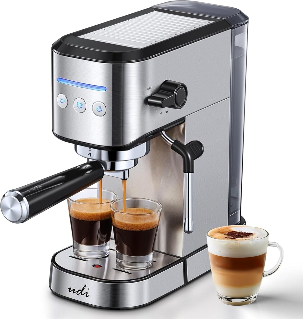 UDI Espresso Machine with Milk Frother, 20 Bar High Pressure Professional Espresso Maker Automatic, Compact Stainless Steel Coffee Machine for Cappuccino, Latte, Silver