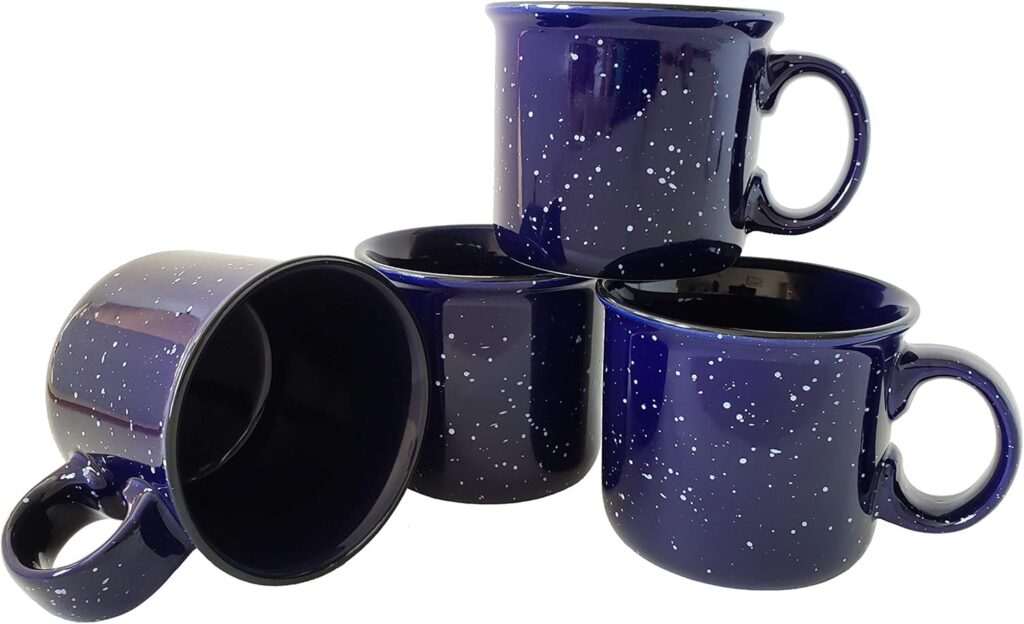 14oz Ceramic Campfire Coffee Mug (Set of 4), Blue with Speckled Finish – Durable Thick Walled Camping Style Cup for Outdoors or Home