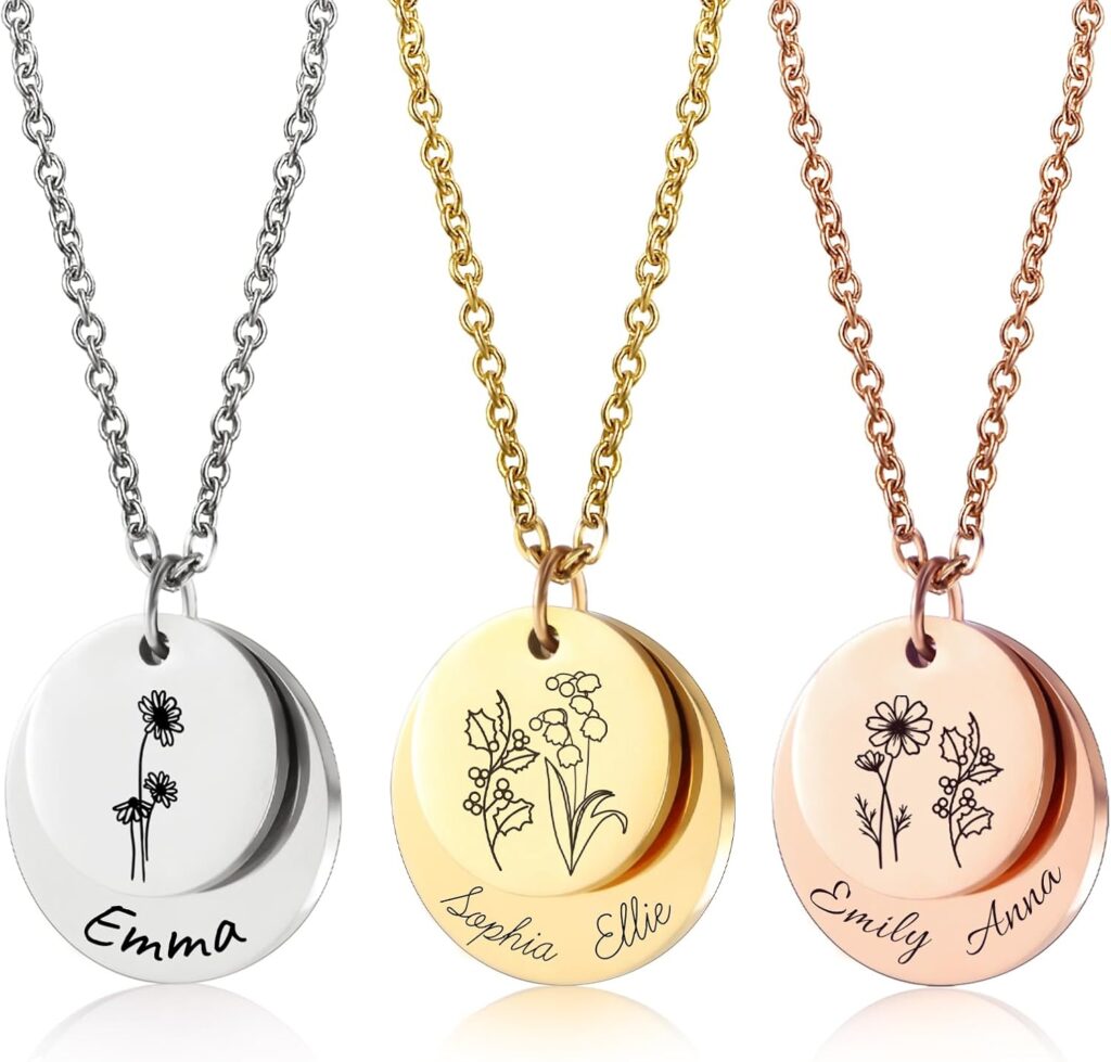 Gifts for Women – Personalized Necklace with Birth Flower & Name | Christmas Jewelry Gift for Mom, Wife, Daughter, Sister, Best Friend，Girls | Holiday Present Ideas