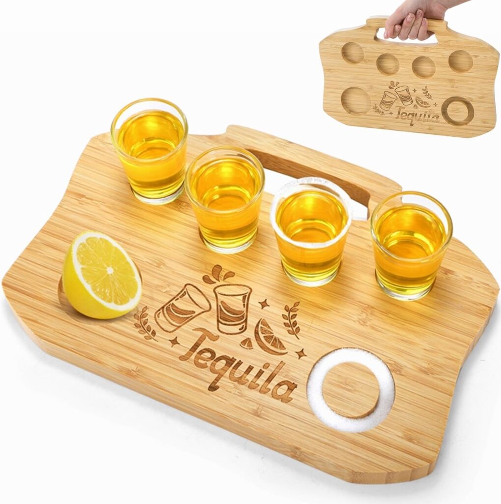 Tebery 6 Slot Tequila Shot Board with Handle, Tequila Flight Board with 4 Shot Glass Portable, Bamboo Shot Glasses Serving Tray with Salt Rim, Shot Glass Holder for Liquor, Bar, Housewarming, Party