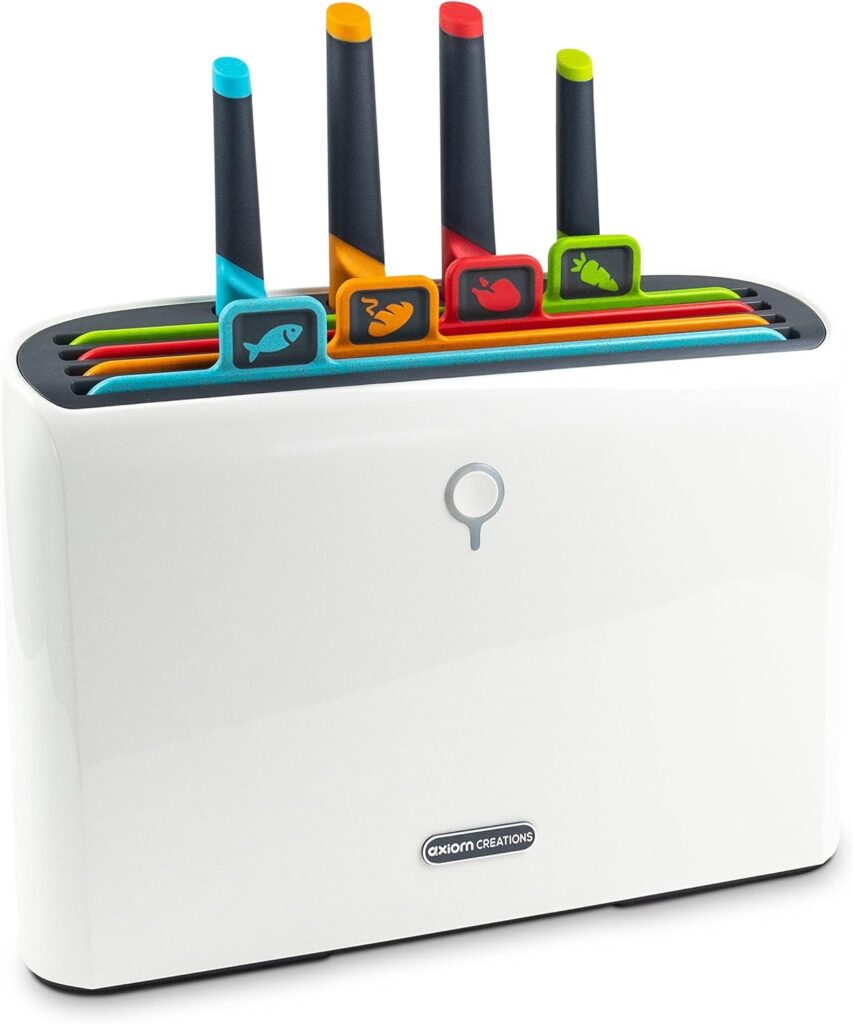 Smart Cutting Board and Knife Set – Self Cleaning Cutting Board Set with 4 Color Coded Cutting Boards, 4 Stainless Steel Knives – Drying Holder Organizer for Kitchen