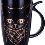 WHJY 20oz Large Black Cute Cat Ceramic Coffee Mug Cup with Splash-proof Lid, Cat Tail Shape Handle, Animal Cat Mug Tumbler (black)