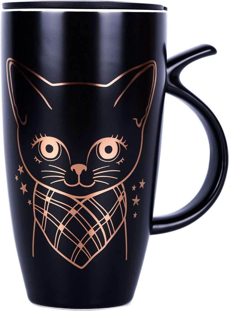 WHJY 20oz Large Black Cute Cat Ceramic Coffee Mug Cup with Splash-proof Lid, Cat Tail Shape Handle, Animal Cat Mug Tumbler (black)