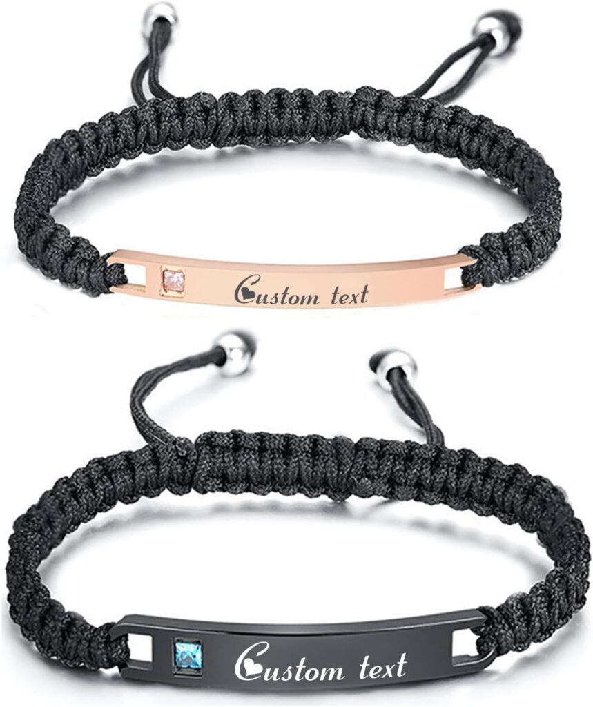 Personalized Handmade Braided Couples Bracelet – Custom Engraving Name ID Long Distance Relationship Bracelet Adjustable Rope Couples Bracelet Gift for Men Women Lover