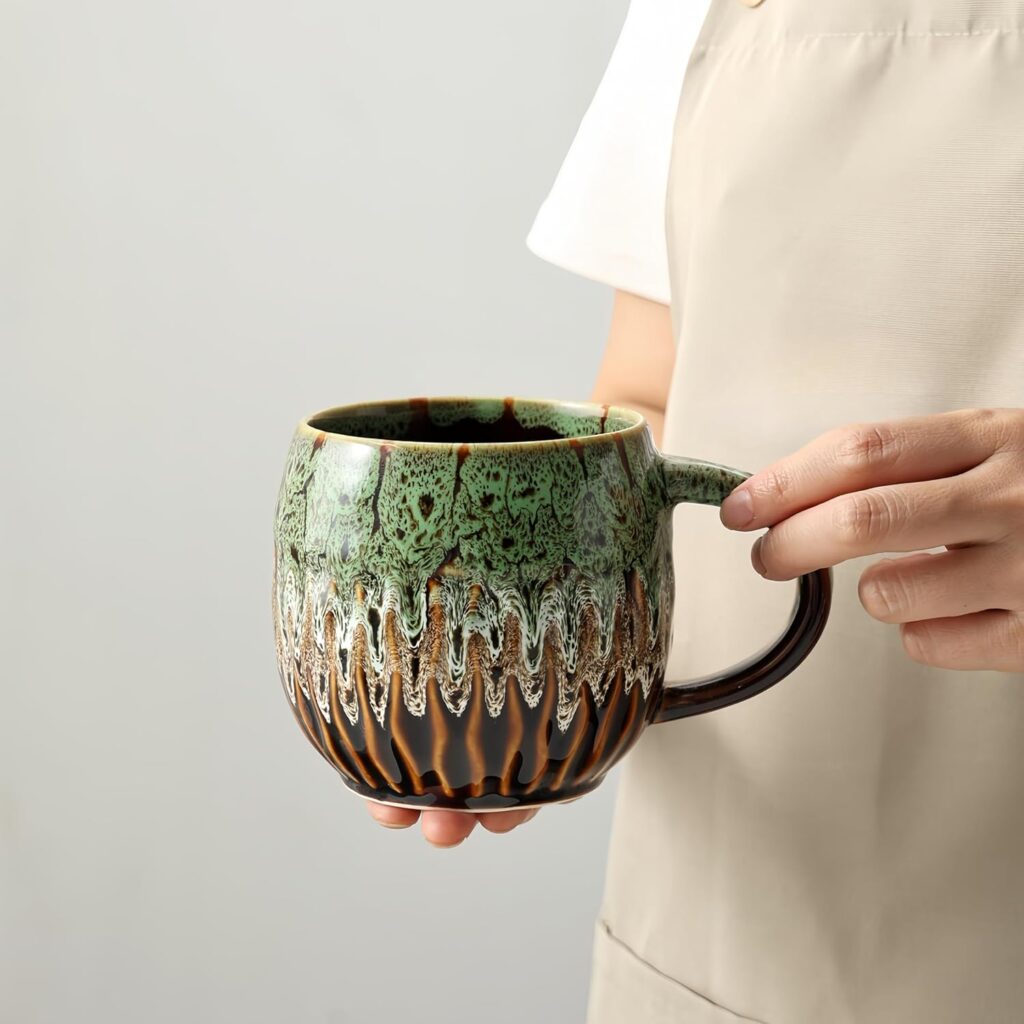 20oz Raku Glaze Coffee Mug – Unique Handcrafted Look Ceramic Cup, Large Tea Mug, Microwave & Dishwasher Safe (green)