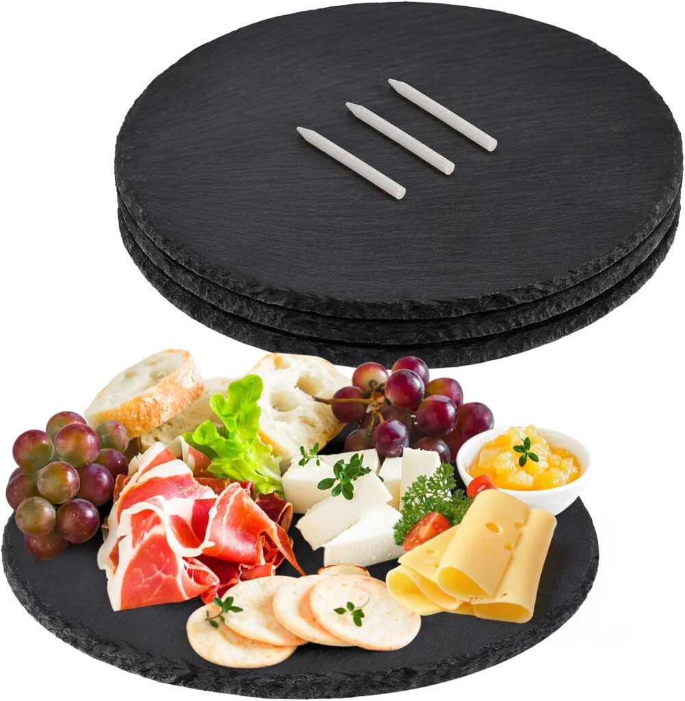 11 x 11 In 4 Pack Slate Cheese Boards, Round Black Stone Plates Charcuterie Boards Serving Tray Slate Platter for Halloween Christmas, Party, Gifts