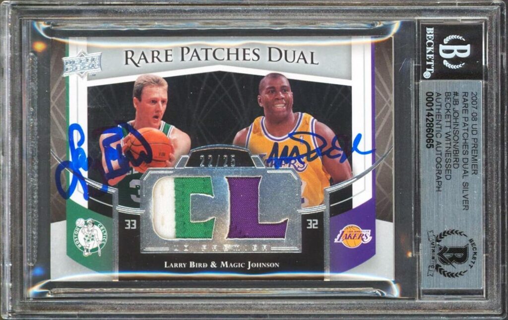 Magic Johnson & Larry Bird Signed 2007 UD Premier Patches Card Auto 10! BAS Slab – Basketball Autographed Cards