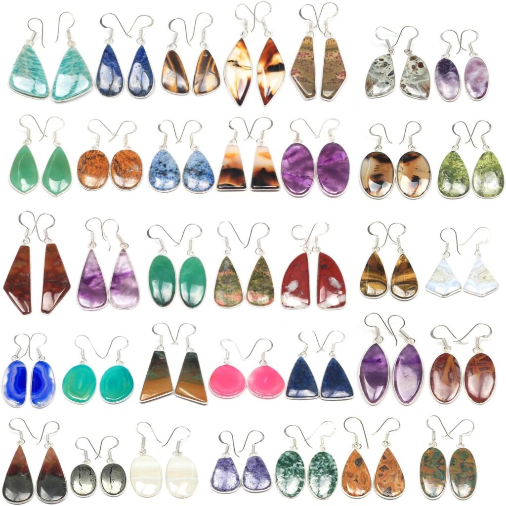 Handmade 5, 10 & 20 Pair Gemstone Earrings Set for women, Silver Plated Earrings Pairs for Women, Natural Healing Stones Jewelry Gifts Pack