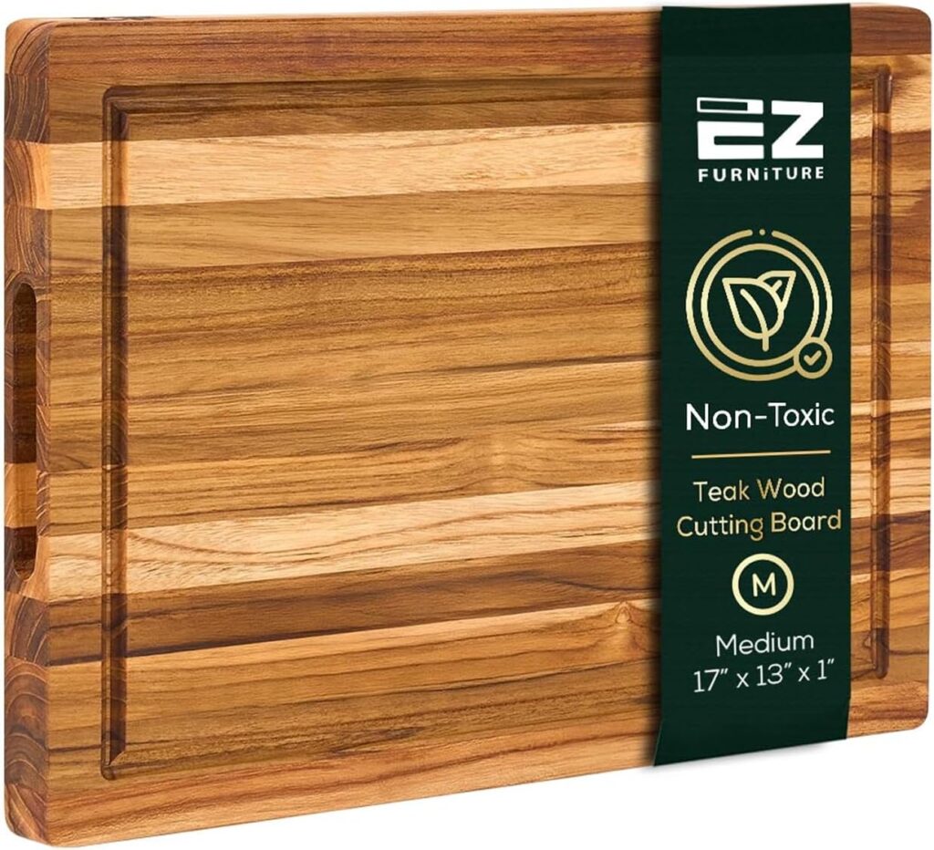 Non-Toxic Teak Wood Cutting Board & Serving Board, Pre-Oiled Edge Grain with Juice Groove and Handles, For Chopping, Food Grade Mineral Oil Coating (M 17″ x 13″ x 1″, 5.07 lbs)