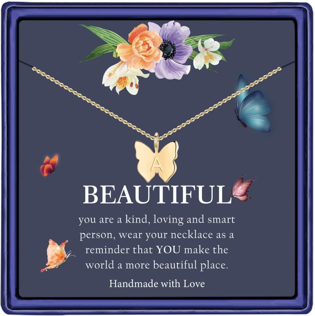 Hidepoo Initial Butterfly Necklace for Girls Gifts, 14K Gold/Silver/Rose Gold Filled Dainty Butterfly Pendant Choker Necklace Initial Butterfly Necklace Birthday Gifts for Girls