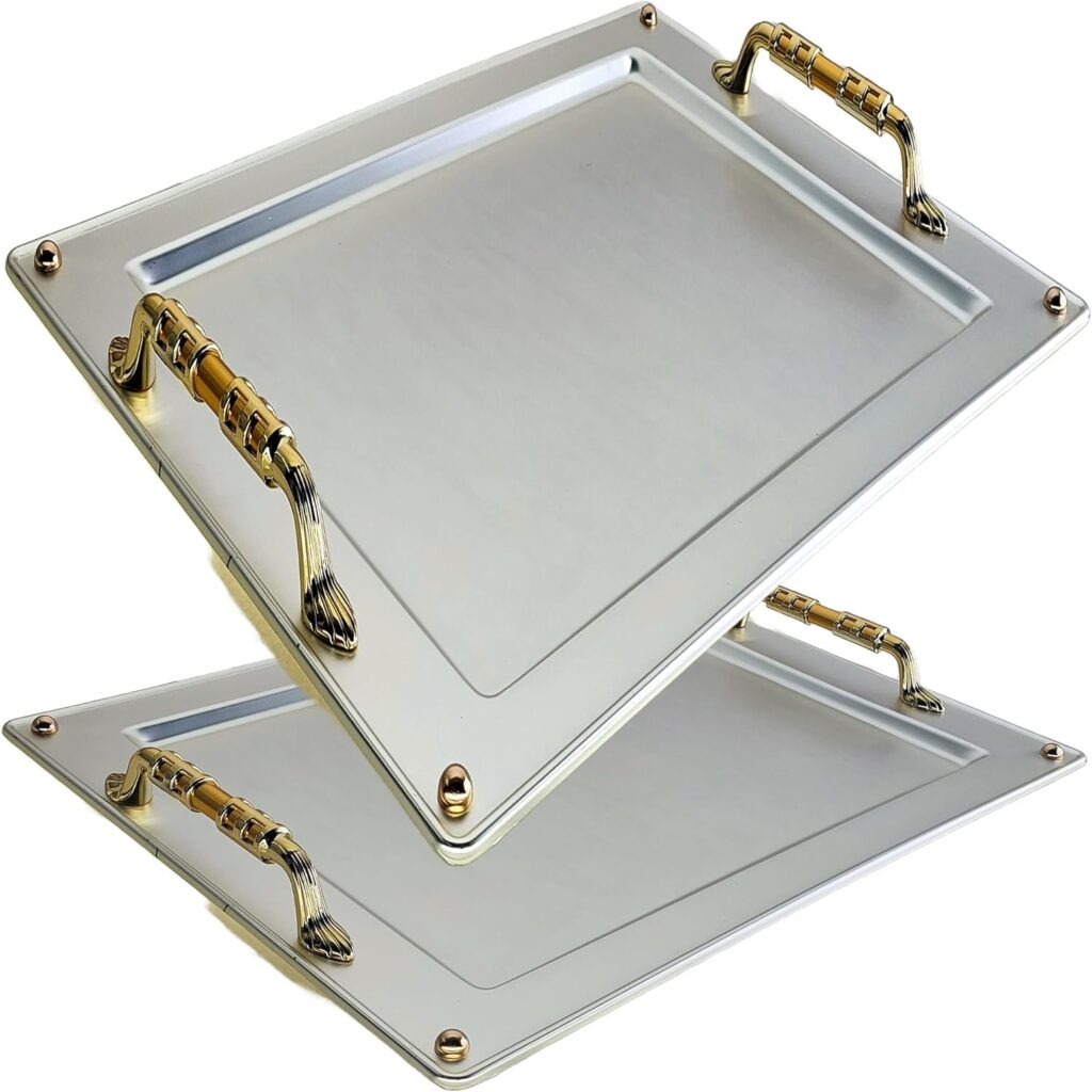(Pack of 2) 17.3 inch x 12.8 inch Rectangular Chrome Plated Silver Serving Tray with Iron Gold Handles Stylish Floral Engraved Decorative Wedding Dessert Buffet Platter Plate NC-156