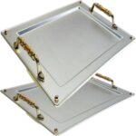 (Pack of 2) 17.3 inch x 12.8 inch Rectangular Chrome Plated Silver Serving Tray with Iron Gold Handles Stylish Floral Engraved Decorative Wedding Dessert Buffet Platter Plate NC-156
