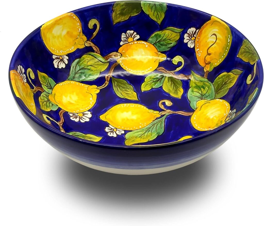 Artisan Elegance: Handmade Italian Pottery, Hand-Painted Bowls, Traditional Craftsmanship, Unique Artisanal Dishes, Vintage Flair, Majolica Collectibles- Lemons Blue Bowl