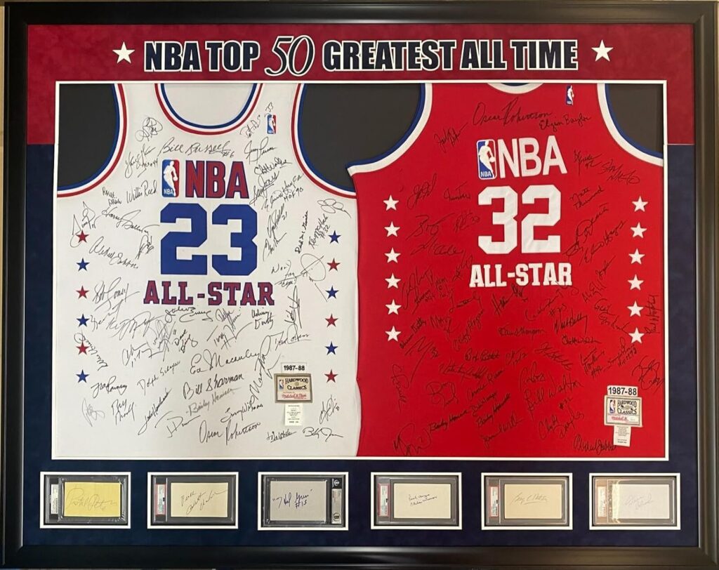 Incredible NBA Top 50 Greatest Players Signed Jersey Display Michael Jordan JSA – Autographed NBA Jerseys