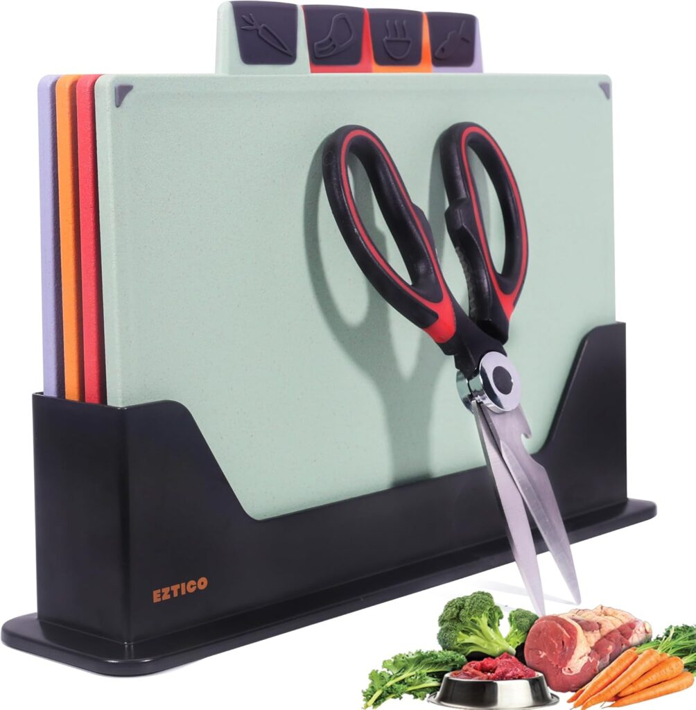 4-Piece Non-Toxic Cutting Board Set with Premium Scissors – BPA-Free Plastic and Rubber Chopping Boards for Kitchen Essentials with Organizer, Dishwasher Safe Accessories Holder.