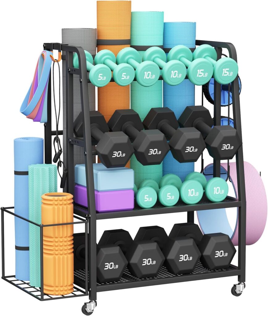 600LBS Weight Rack For Home Gym, Vopeak Dumbbell Rack Stand Only, Adjustable Weight Rack For Dumbbells, Kettlebells Yoga Mat, Home Gym Storage Rack With Wheels And Hooks, Powder Coated Finish Steel