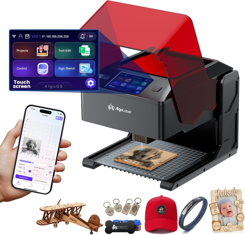 AlgoLaser 10W Portable Laser Engraver Machine: Smart Laser Engraver/Cutter with 3.5″ Touchscreen & 2.0 AlgoOS System – Hand Draw/Wireless Transmission/Offline – Laser Engraving for Wood,Metal,Glass