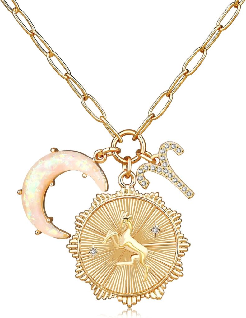 MISS RIGHT Gold Zodiac Sign Coin Necklace with Opal Crescent Moon Charm for Women Trendy, Dainty Gold Paperclip Chain 12 Constellation Horoscope Necklaces Astrology Jewelry Gifts