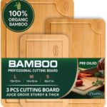 Bamboo Cutting Board For Kitchen (3 Pcs) – Durable Wooden Cutting Board Non Toxic – Chopping Boards For Kitchen With Deep Juice Groove And Built-in Handles, Ideal Charcuterie, Meat, Vegetables