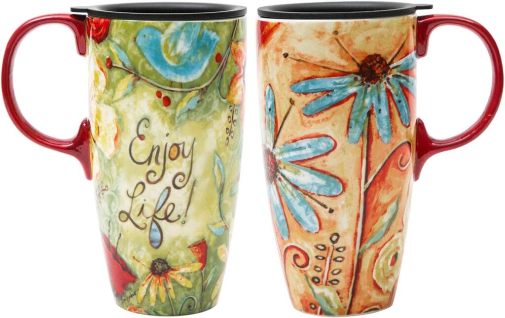CEDAR HOME Travel Coffee Ceramic Mug Porcelain Latte Tea Cup With Lid in Box 17oz., Flower Enjoy Life, 2 Pack