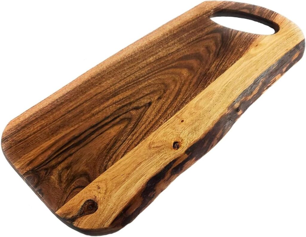 Acacia Charcuterie Board with Natural Live Edge & Round Handle – Wood Cheese Board – Decorative Wooden Serving & Cutting Board – Housewarming, Mothers Day, New Home & Wedding Gifts (XL – 24” x 10”)