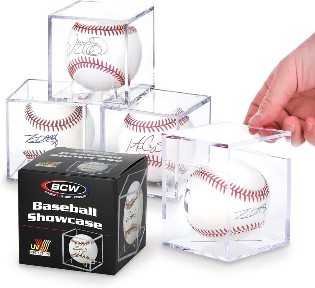 BCW Baseball Showcase | UV Protected | Fits MLB, Minor League, Little League Baseballs | Clear Display Case for Autographed Baseball | Easy Assembly – Home, Office, Sports Memorabilia (4 Pack)