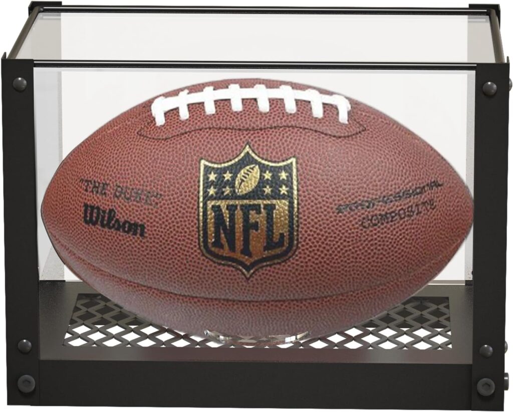 J JACKCUBE DESIGN Acrylic Football Display Case, Clear Storage Case Box with Metal Mesh Base for Football Sport Memorabilia Ball Holder Stand -MK810A