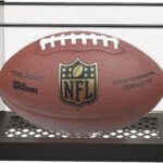 J JACKCUBE DESIGN Acrylic Football Display Case, Clear Storage Case Box with Metal Mesh Base for Football Sport Memorabilia Ball Holder Stand -MK810A