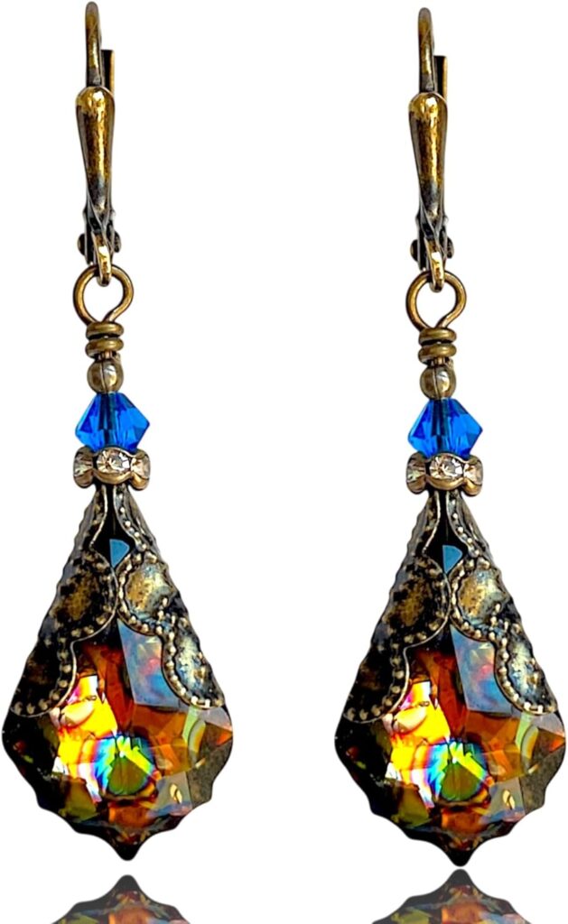 Antique Inspired Vintage Victorian Dangle Drop Earrings for Women – Colored Austrian Crystal Leverback Earrings – Jewelry Gift for Her