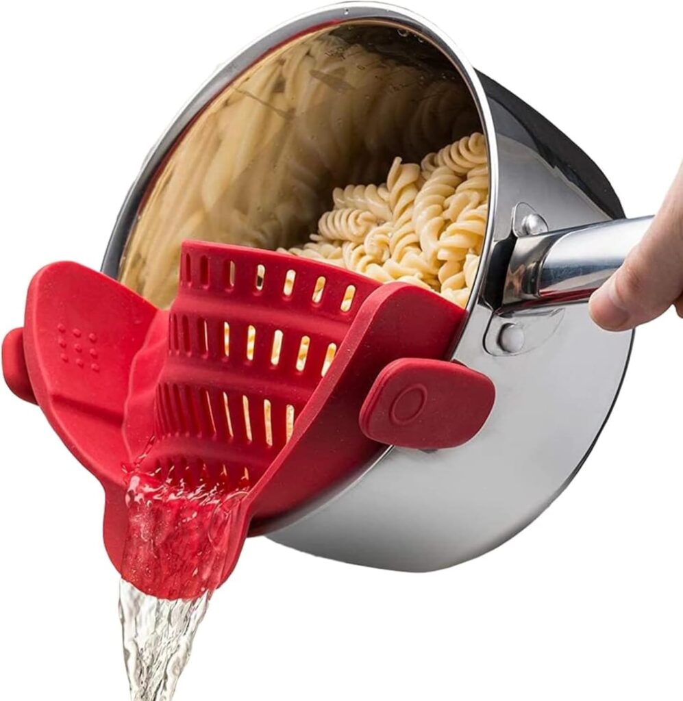 Kitchen Gizmo Snap N Strain Silicone Pot Strainer – Adjustable Clip-On Pasta Strainer for Pots, Pans, and Bowls – Large Red Kitchen Colander