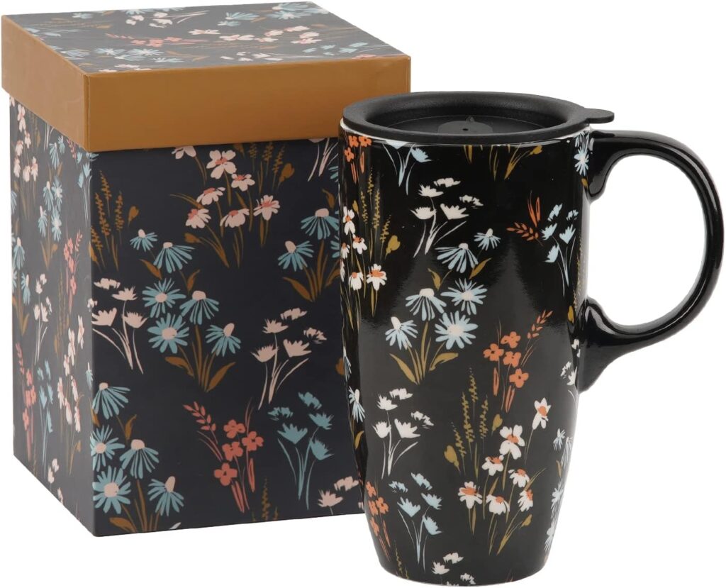 Ceramic Mug Travel Coffee Cup with Lid and Handle for Home & Office, 17oz Porcelain Tall Tea Cup with Color Box, Black Flower