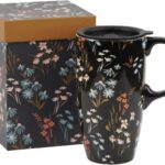Ceramic Mug Travel Coffee Cup with Lid and Handle for Home & Office, 17oz Porcelain Tall Tea Cup with Color Box, Black Flower