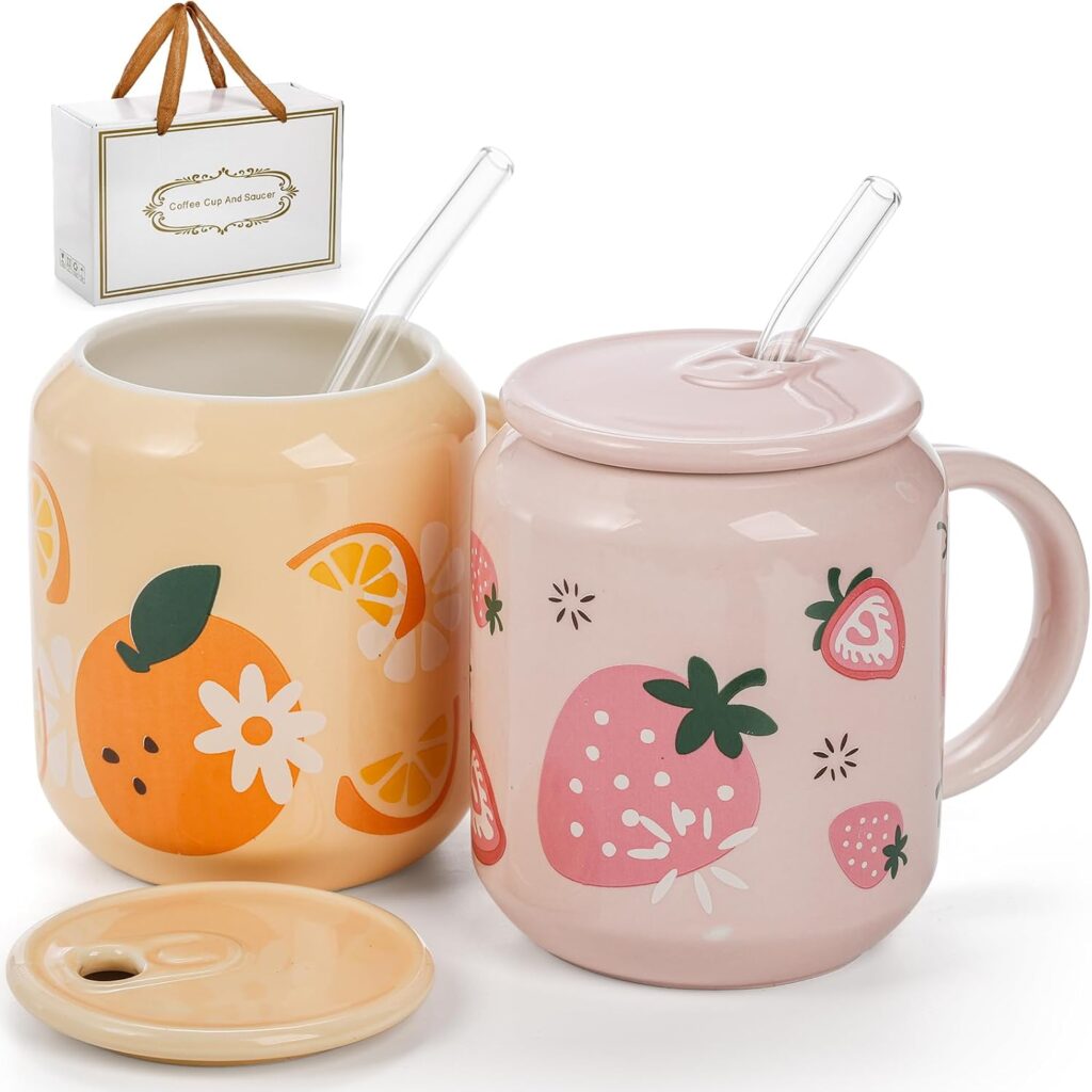 2 Pack Cute Ceramic Mugs with Lid and Straw, 13 Oz Fruits Pattern Coffee Cup with Handle, Handmade Strawberry Orange Tea Cup for Office Home, Hot Ice Water Chocolate Milk, Women Gift