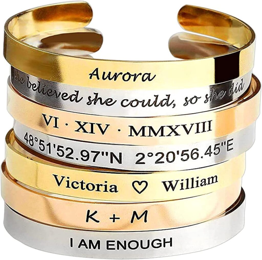 MignonandMignon Personalized Cuff Bracelet Custom Engraved Name, Inspirational Message, Coordinate Bangle for Graduation, Friendship, or Bridesmaid Gift – FBR