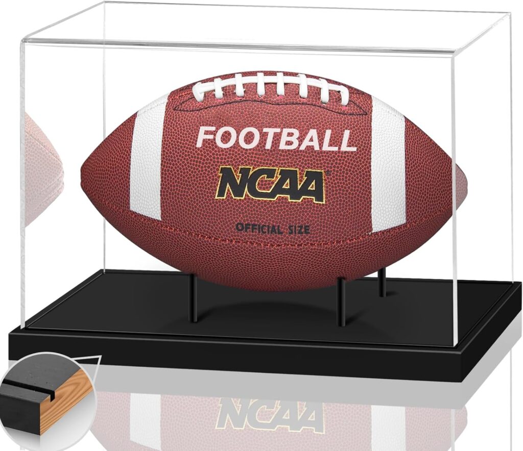 Football Display Case, Acrylic Football Case Clear, UV Protected Display Case with Solid Wood Base Stand for Full Size Signed Football Holder for Football Fans & Collectors