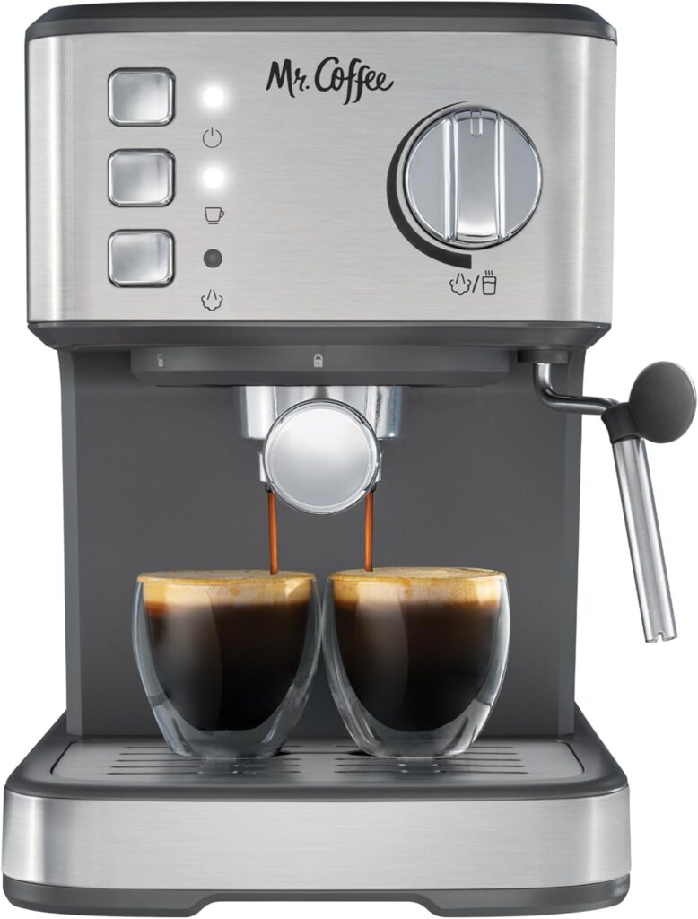 Mr. Coffee Compact Espresso Maker, Espresso Machine With Steam Wand, 15-Bar Pump Automatic Espresso Machine