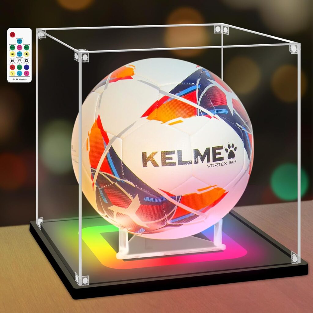 NONEMEY Soccer Display Case with RGB LED Light, UV Protected Acrylic Full Size Soccer Box , Soccer Display for Autographed Ball Memorabilia Gifts
