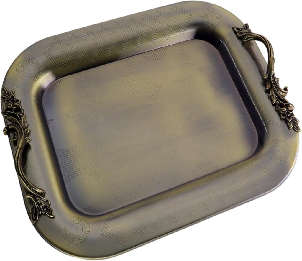 15.7 inch x 12.2 inch Oblong Iron Bronze Plated Serving Tray with Handles Stylish Design Floral Engraved Edge Decorative Party Wedding Dessert Buffet Wine Platter Plate FST-075