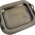15.7 inch x 12.2 inch Oblong Iron Bronze Plated Serving Tray with Handles Stylish Design Floral Engraved Edge Decorative Party Wedding Dessert Buffet Wine Platter Plate FST-075