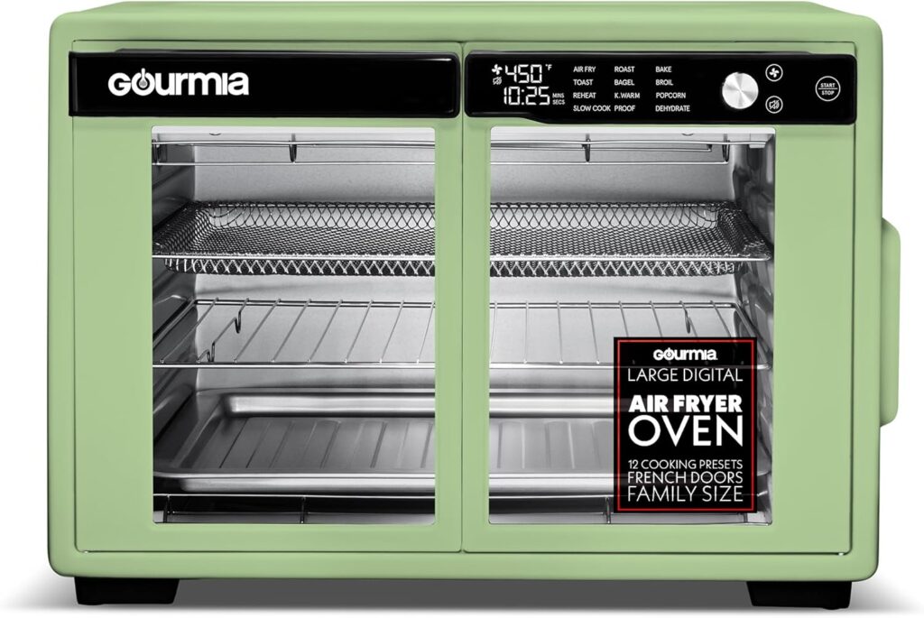 Gourmia French Door Digital Air Fryer Oven – XL 37QT Capacity, 12 Presets, FryForce 360° Tech, Dehydrate, Proof, Slow Cook, Fits 13” Pizza, 1700W, Green