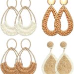 4 Pairs Handmade Raffia Rattan Bohemian Round Drop Dangle Earrings for Women, Boho Statement Cute Fun Hoop Earrings Set