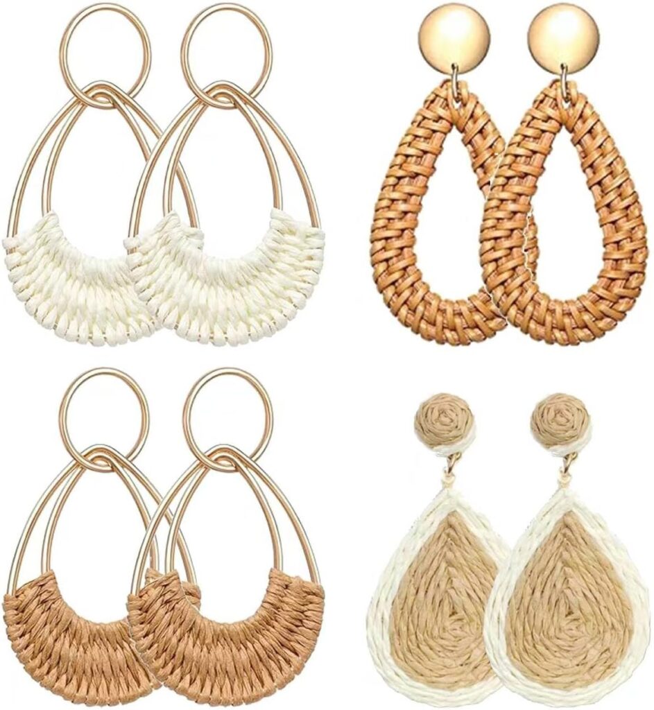 4 Pairs Handmade Raffia Rattan Bohemian Round Drop Dangle Earrings for Women, Boho Statement Cute Fun Hoop Earrings Set