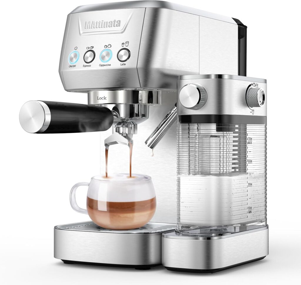 MAttinata Cappuccino Machine 20 Bar, Professional Espresso Machines for Home and Office with Automatic Milk Frothering System, Barista Compact Latte Maker for Coffee Lovers, Stainless Steel-Mattino